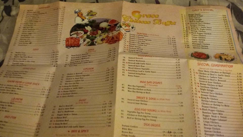 Printed buffet menu with chef's special section